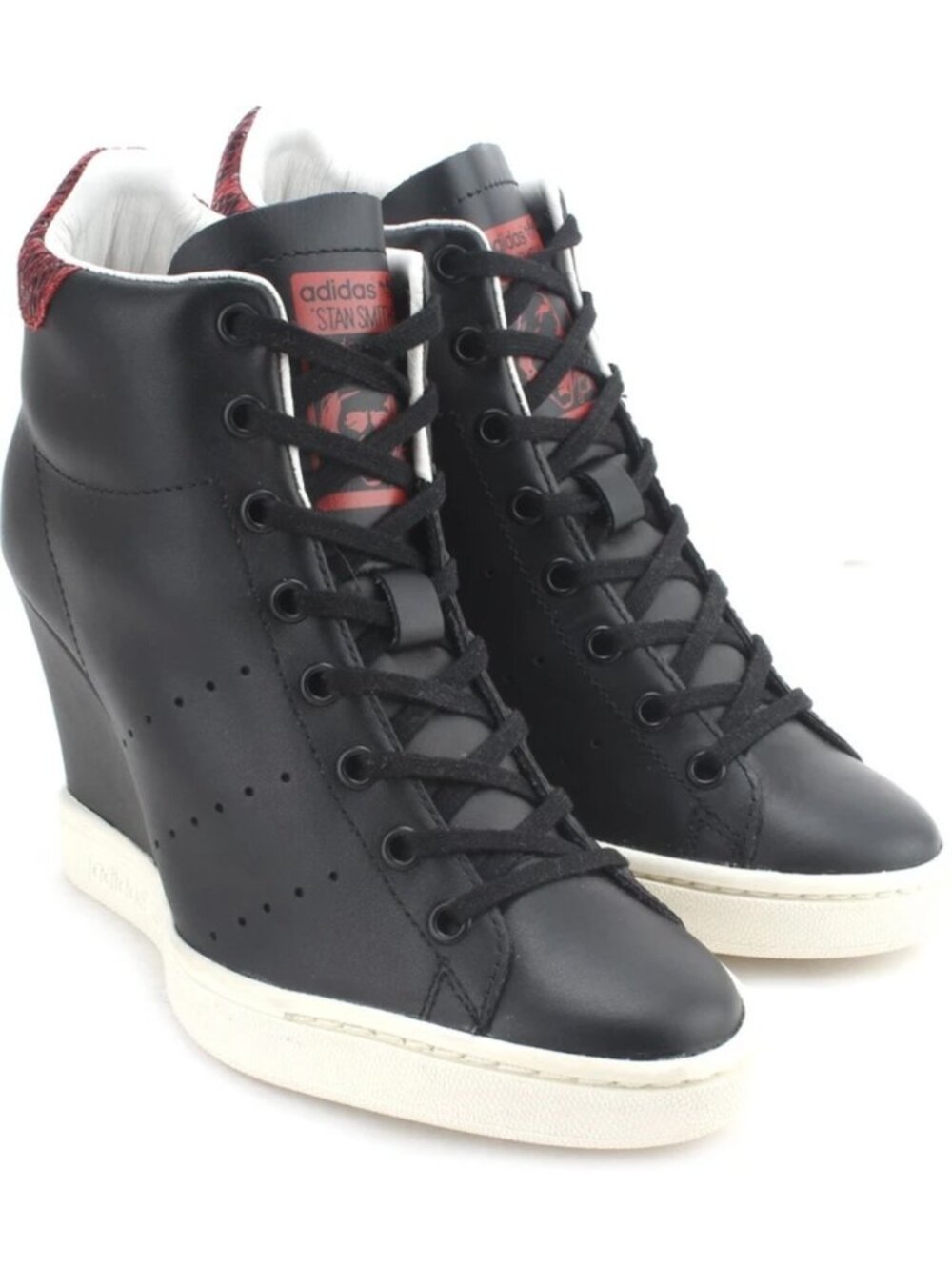 Adidas x Stan Smith Leather Wedge Sneakers - Black & Maroon - US 8